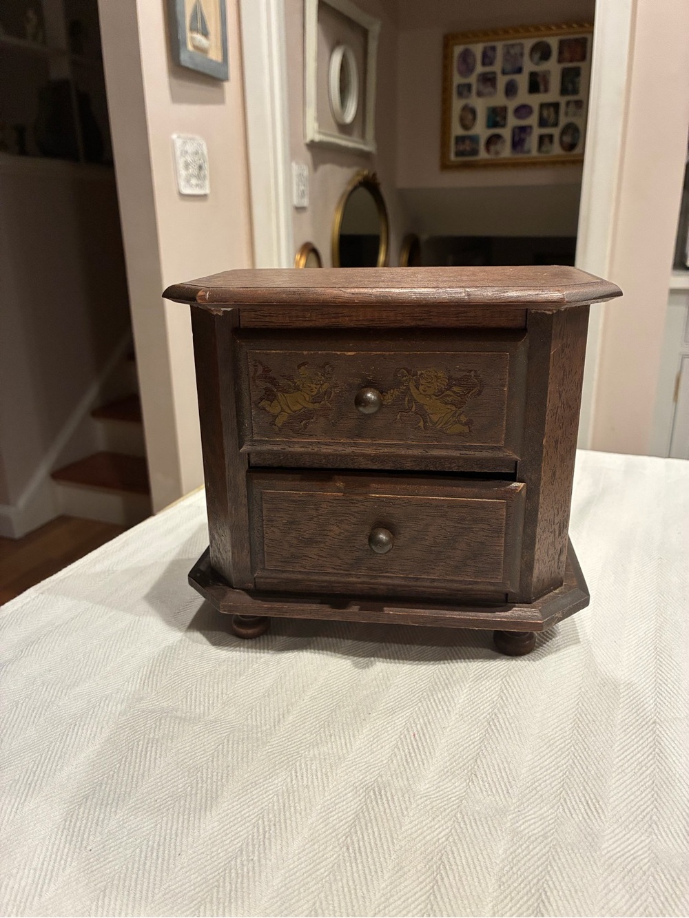 Vintage Wooden Two-Drawer Jewelry Chest - Brown with Gold Cherub Accents